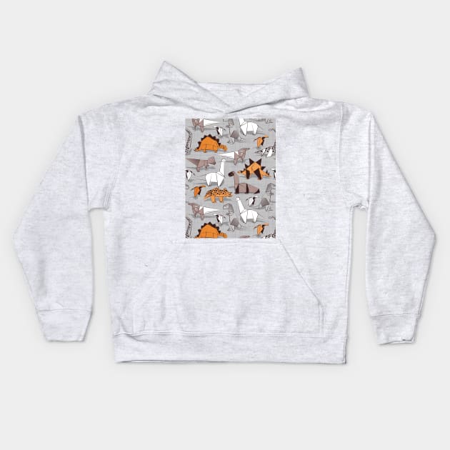 Origami dino friends // pattern // grey linen texture background orange white and beige dinosaurs Kids Hoodie by SelmaCardoso